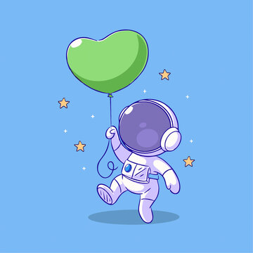 可爱宇航员绿色爱心气球Q版儿童插画