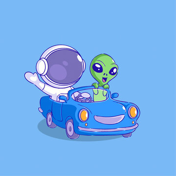可爱宇航员外星人开车Q版儿童插画