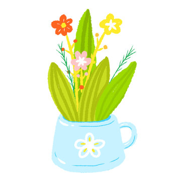 春天可爱杯子里的花朵插画