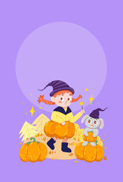 万圣节女孩南瓜兔子插画紫色背景