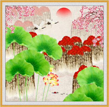 荷花山水画