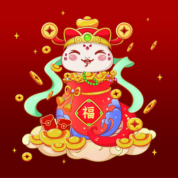 国潮蛇年春节福袋插画