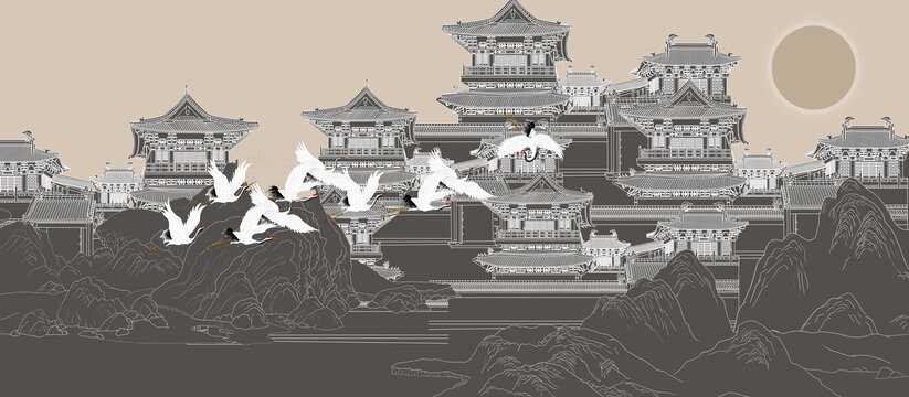 描线古建筑山水画