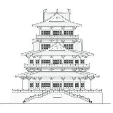 古建筑阁楼立面线稿图