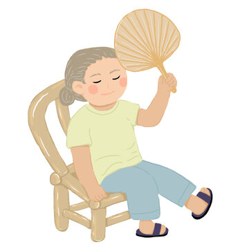 摇着蒲扇乘凉的老奶奶插画