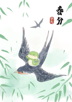 卡通蛇坐在燕子身上飞手绘