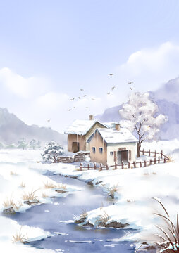 水彩风冬天雪景
