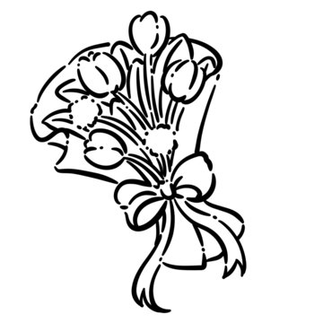 卡通郁金香绒球捧花线稿