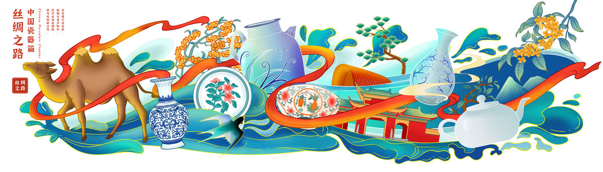 丝绸之路长卷中国瓷器篇墙绘插画