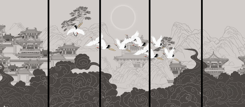 描线楼阁山水画