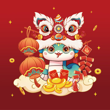 2025国潮蛇年春节舞狮插画