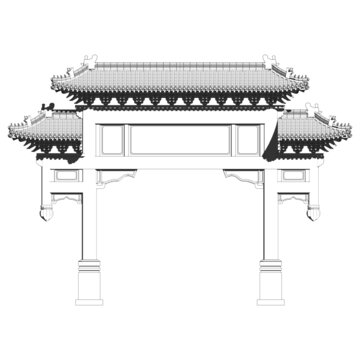 牌楼牌坊正立面水墨画