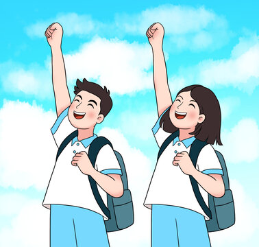 背书包的学生举手呐喊蓝天白云