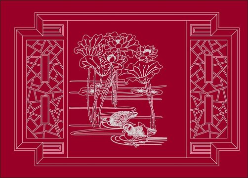 农庄花窗外荷塘图