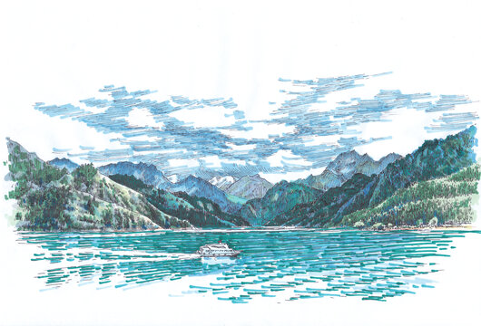 新疆天山天池马克笔