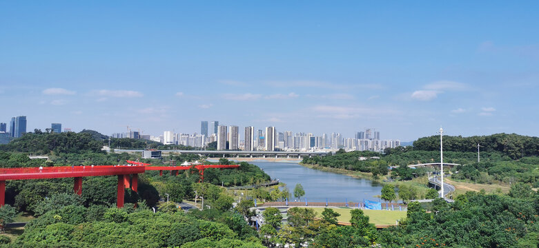 虹桥上远眺城市建筑