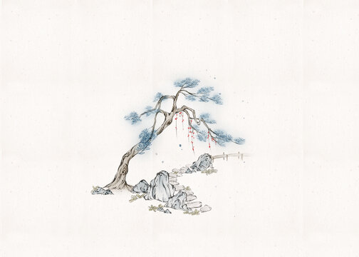 原创手绘国风水墨场景画