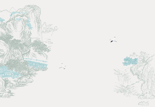 山水线描画中式国画图