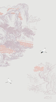 山水线描画中式国画玄关图