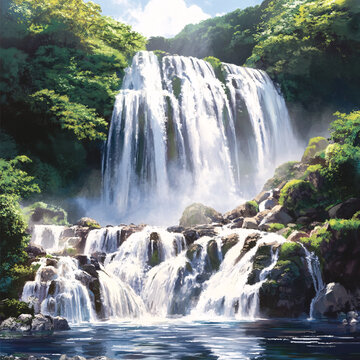 山水风景油画瀑布