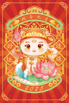 蛇年新春插画红包好运连连小金蛇