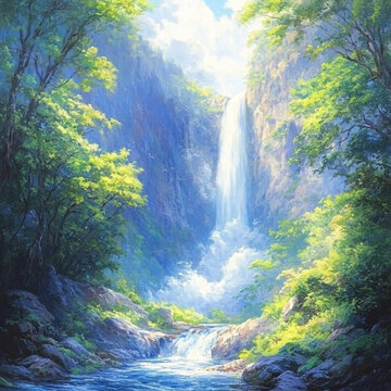 山水风景油画瀑布