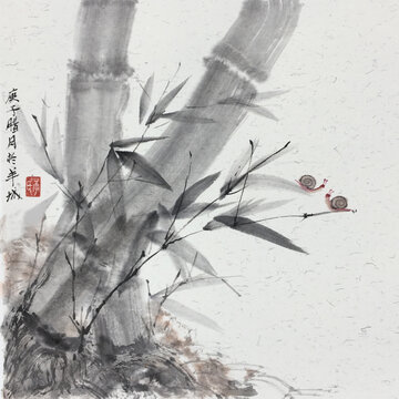 蜗牛禅意竹子水墨画