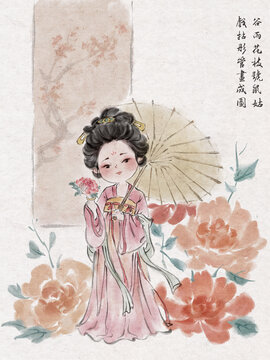 水墨人物牡丹花