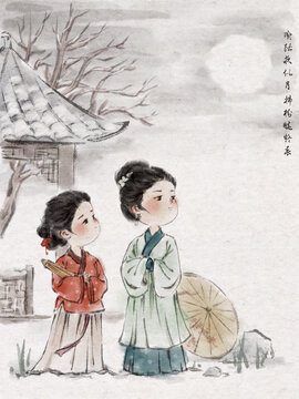 水墨人物月色雪景