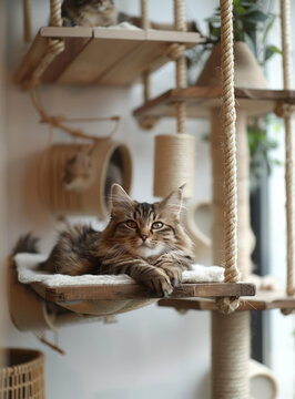 可爱虎斑猫躺在木质猫爬架上看着镜头
