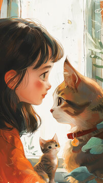 女孩与猫的AI图片