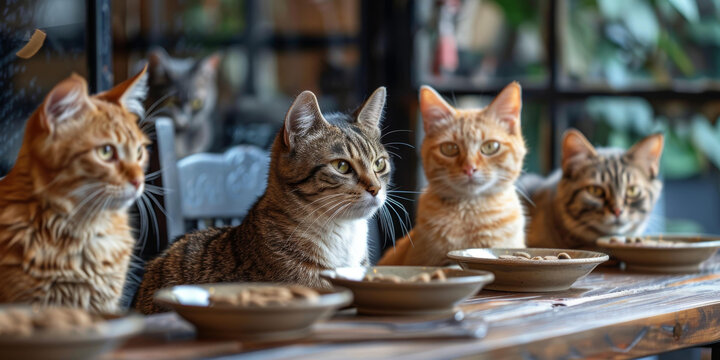 一群猫坐在桌子旁看着东西