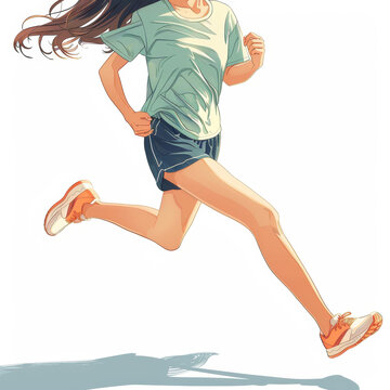 一个留着长棕色头发的年轻女孩正在跑步
