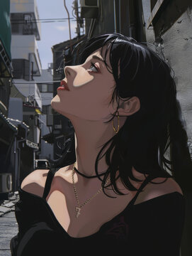 一个身穿黑色衬衫的女孩正在仰望天空