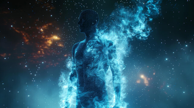 蓝色半透明的人体模型站在星空背景中