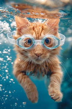 一只戴着护目镜的橘猫正在水下游泳