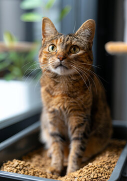 一只坐在猫砂盆里仰视的姜黄色猫