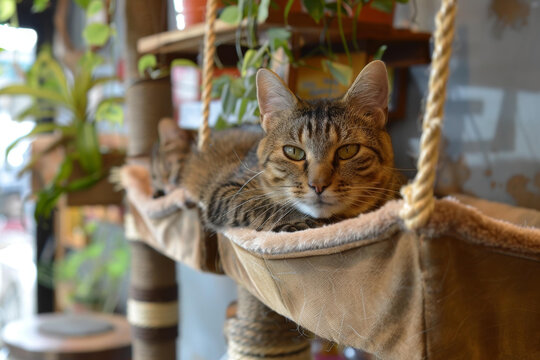 一只姜黄色猫咪躺在吊床上