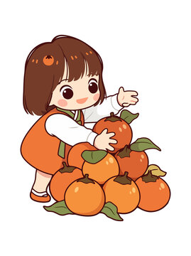 摘柿子的小女孩插画