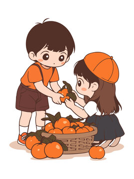 摘柿子的小女孩小男孩插画