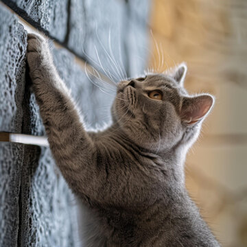 一只可爱的灰色小猫正在爬上铺有地毯的墙壁