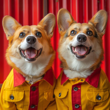 两只穿黄色和红色夹克的快乐柯基犬