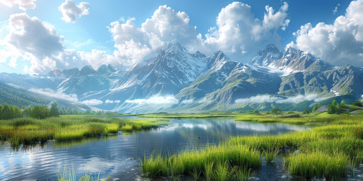 巍峨山峰与碧波湖泊的壮丽景色