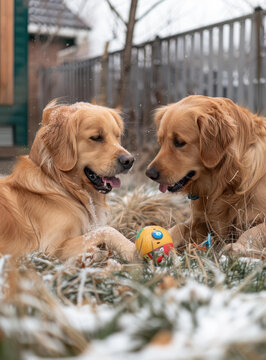 两只金毛猎犬在雪地里玩球