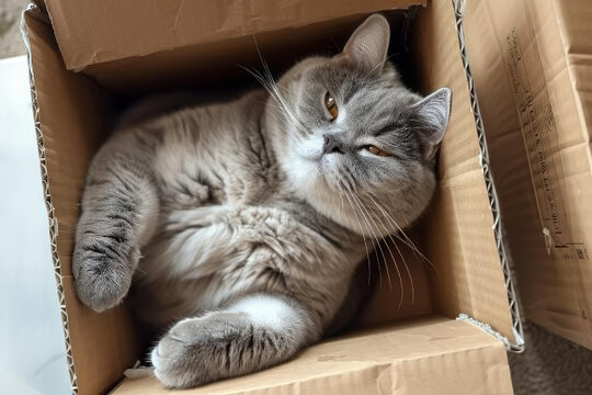 一只灰色的猫躺在纸箱子里