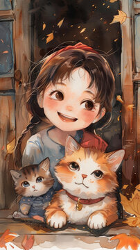 女孩和两只猫在窗户边上看着外面