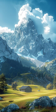 雄伟山景与乡村小屋