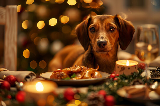 一只腊肠犬坐在圣诞餐桌旁盘子里摆满了食物