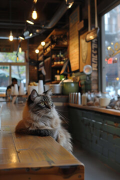 猫坐在咖啡馆的木桌子上