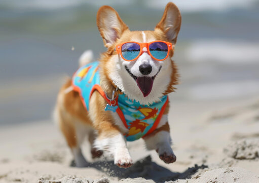 一只戴着太阳镜的快乐柯基犬在海滩上奔跑